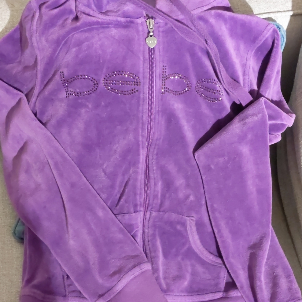 Bebe XS purple zip velour hooded jacket